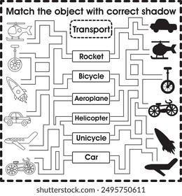 Kids worksheet (maze) : Matching the object with correct shadow (transport)