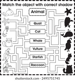 Hoja de trabajo para niños (laberinto) : Hacer coincidir el objeto con la sombra correcta (animal 4)