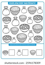 Kids worksheet : Ramadan black and white I spy game for kids. Searching, counting and coloring line activity. printable worksheet for preschool children