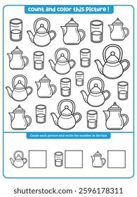 Kids worksheet : Ramadan black and white I spy game for kids. Searching, counting and coloring line activity. printable worksheet for preschool children