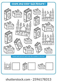 Kids worksheet : Ramadan black and white I spy game for kids. Searching, counting and coloring line activity. printable worksheet for preschool children