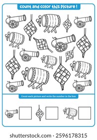 Kids worksheet : Ramadan black and white I spy game for kids. Searching, counting and coloring line activity. printable worksheet for preschool children