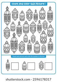 Kids worksheet : Ramadan black and white I spy game for kids. Searching, counting and coloring line activity. printable worksheet for preschool children