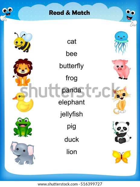 Kids Worksheet Read Match Animal Name Stock Vector Royalty Free