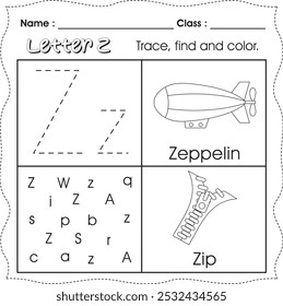 Kids worksheet : Trace, find and color. (Letter Z)