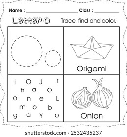 Kids worksheet : Trace, find and color. (Letter O)