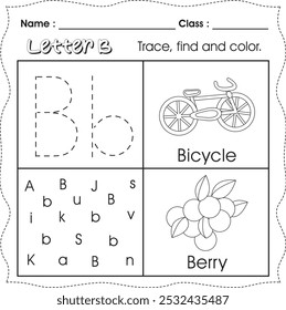 Kids worksheet : Trace, find and color. (Letter B)