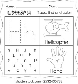 Kids worksheet : Trace, find and color. (Letter H)