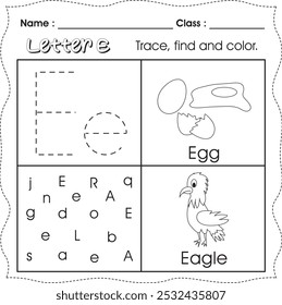 Kids worksheet : Trace, find and color. (Letter E)