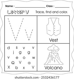 Kids worksheet : Trace, find and color. (Letter V)