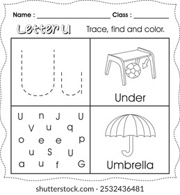 Kids worksheet : Trace, find and color. (Letter U)