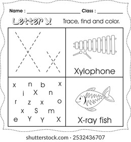 Kids worksheet : Trace, find and color. (Letter X)