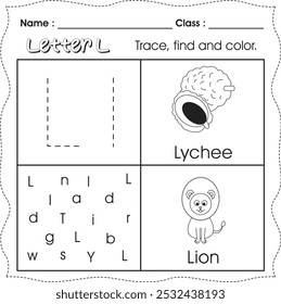 Kids worksheet : Trace, find and color. (Letter L)