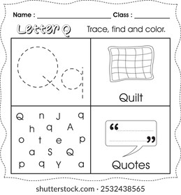 Kids worksheet : Trace, find and color. (Letter Q)