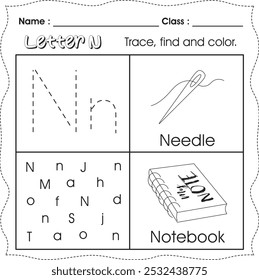 Kids worksheet : Trace, find and color. (Letter N)