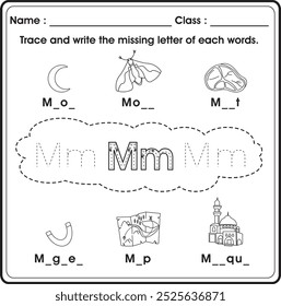 Planilha para crianças : Rastrear e escrever a letra ausente (Alfabeto M)