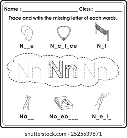 Kids worksheet : Trace and write the missing letter (Alphabet N)
