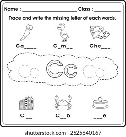 Kids worksheet : Trace and write the missing letter (Alphabet C)