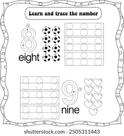 kids worksheet : tracing number 8 and 9