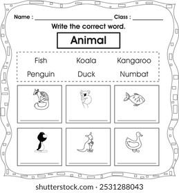 Kids worksheet : Write the correct word (Animal 3)