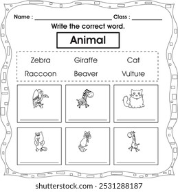 Hoja de trabajo para niños: escribe la palabra correcta (Animal 4)