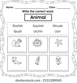 Hoja de trabajo para niños: escribe la palabra correcta (Animal 6)