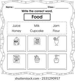 Kids worksheet : Write the correct word (food 2)