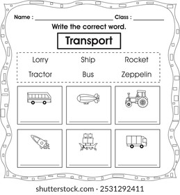 Kids worksheet : Write the correct word (transport 1)
