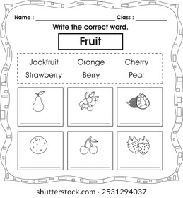 Hoja de trabajo para niños: Escriba la palabra correcta (fruta 4)