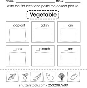 Kids worksheet : Write the first letter and paste the correct picture. (Vegetable 3)