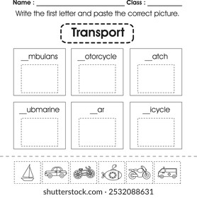 Hoja de trabajo para niños: escribe la primera letra y pega la imagen correcta. (Transporte 2)