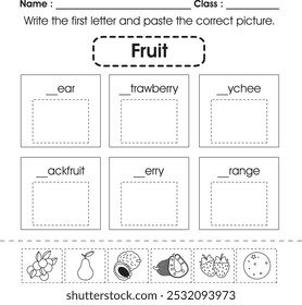 Hoja de trabajo para niños: escribe la primera letra y pega la imagen correcta. (fruta 4)