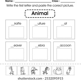 Hoja de trabajo para niños: escribe la primera letra y pega la imagen correcta. (animal 4)