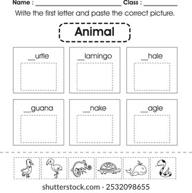 Hoja de trabajo para niños: escribe la primera letra y pega la imagen correcta. (animal 5)