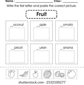 Hoja de trabajo para niños: escribe la primera letra y pega la imagen correcta. (fruta 2)