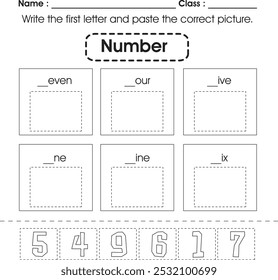 Kids worksheet : Write the first letter and paste the correct picture. (number)