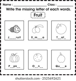 Planilha de crianças : Escreva a letra ausente. (frutos 2)