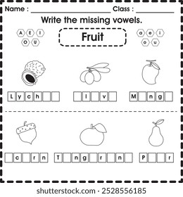 Planilha para crianças: escreva as vogais ausentes (Fruta 3)