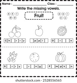 Hoja de trabajo para niños: Escribe las vocales que faltan (Fruto 2)