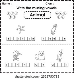 Hoja de trabajo para niños: Escribe las vocales que faltan (Animal 4)