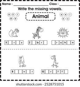 Hoja de trabajo para niños: Escribe las vocales que faltan (Animal 5)