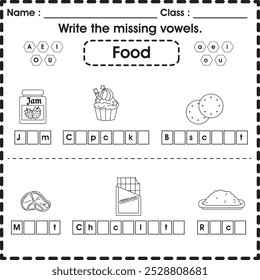 Kids worksheet : Write the missing vowels. (Food 2)