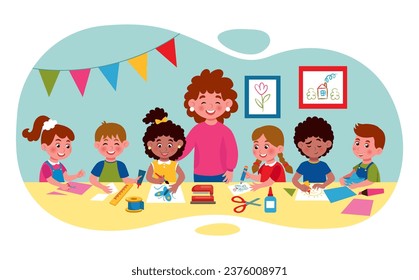 Taller infantil. Arte artesanal. Lección de pintura infantil. Niñas y niños y profesores en clase. Grupos de bebés sentados en la mesa. Jugar en la escuela primaria. Clase de hobby creativa. Vector lindo fondo ordenado