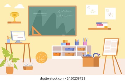 Sala de taller para niños. Jardín de infantes o clase escolar para primaria. Zona con pizarra, caballete, juguetes y herramientas. Fondo de Vector interior de dibujos animados