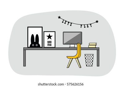 Kids workspace in outline style. Interior design in vector. Grey, yellow and blue color room