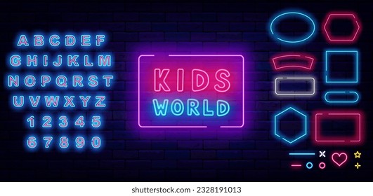 Kids world neon emblem. Play zone. Handwritten colorful inscription. Glowing advertising. Geometric frames collection. Game design. Shiny blue alphabet. Editable stroke. Vector stock illustration