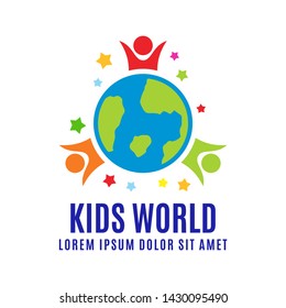 Kids world sign or logo design template. With Earth globe and children. 