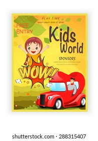 Kids World template, banner or flyer design with illustration of little girl on yellow background.