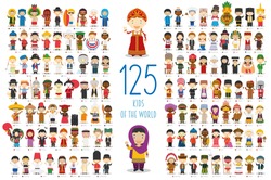Kids Of World Vector Caractere Colectia: Set De 125 De Copii De Diferite Naționalități în Stil De Desene Animate.