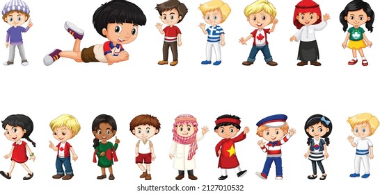 Kids of the World Vector Characters Collection set, Multicultural happy kids. School girls and boys group, diverse kids characters